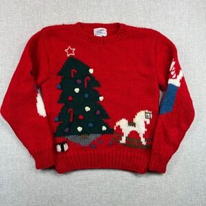 Vintage 80s Windcrest Hand Knit Christmas Sweater Women L 36" Tree Snowman Horse